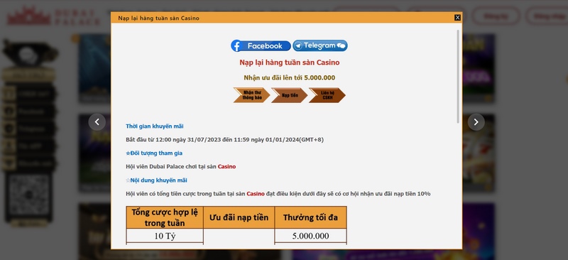 Khuyến mãi Dubai Palace - Cập nhật các chương trình hấp dẫn 2 Khuyến Mãi Dubai Palace Nạp Lại Hàng Tuần Áp Dụng Cho Sảnh Casino