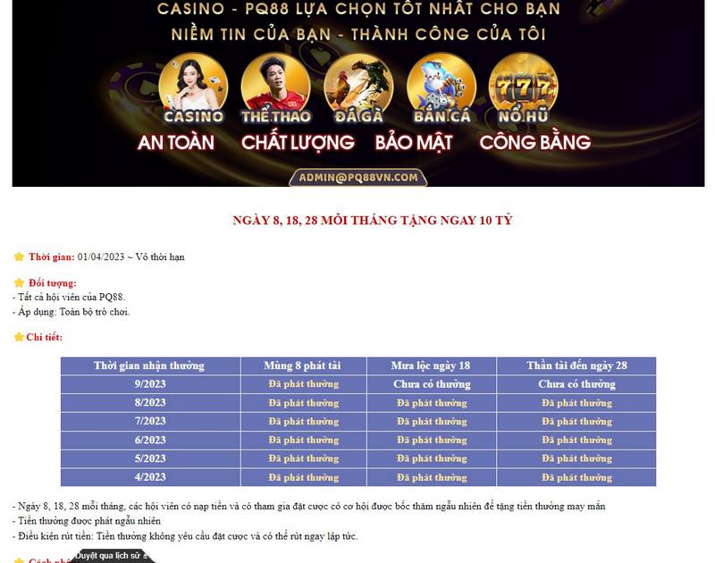 Chương trình khuyến mãi PQ88 cực HOT thưởng khủng 3 Khuyến Mãi Tặng 10 Tỷ Mỗi Tháng Vào Các Ngày 8, 18 Và 28