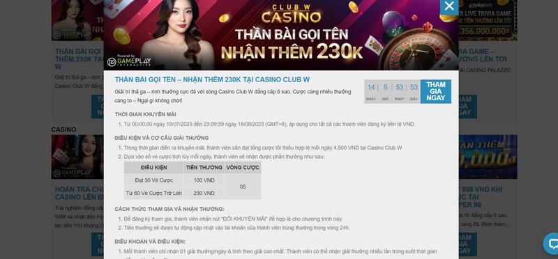 Khuyến mãi W88 - Giúp dân chơi rinh tiền thưởng khủng 2 Khuyến Mãi 230K Khi Tham Gia Vào Sảnh Chơi Casino Trực Tuyến
